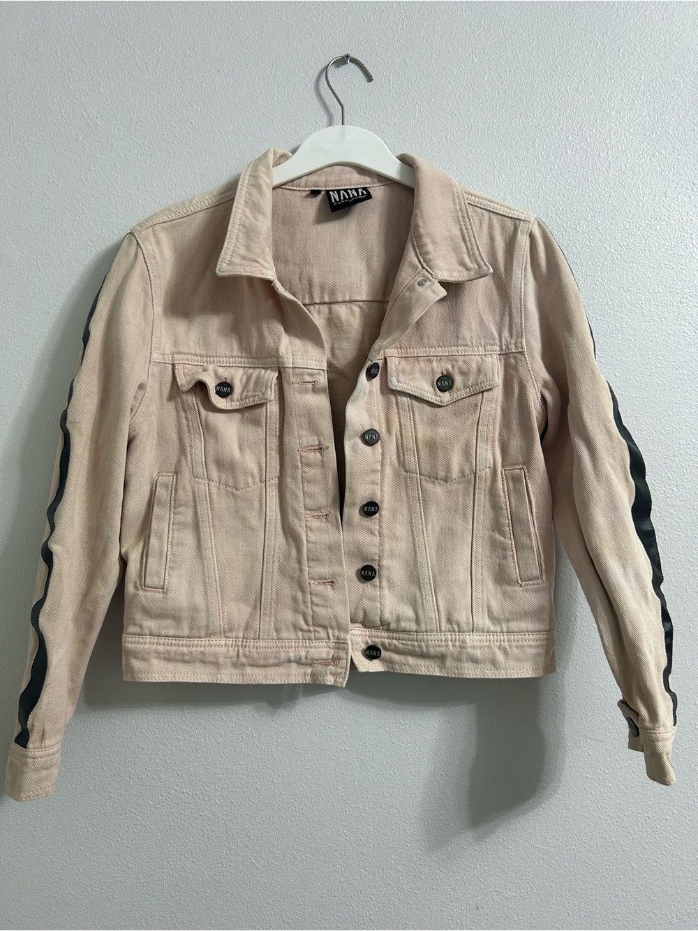 Nana Judy M Blush Denim Jacket moto Astor Black Sleeve Stripe pale pink peach